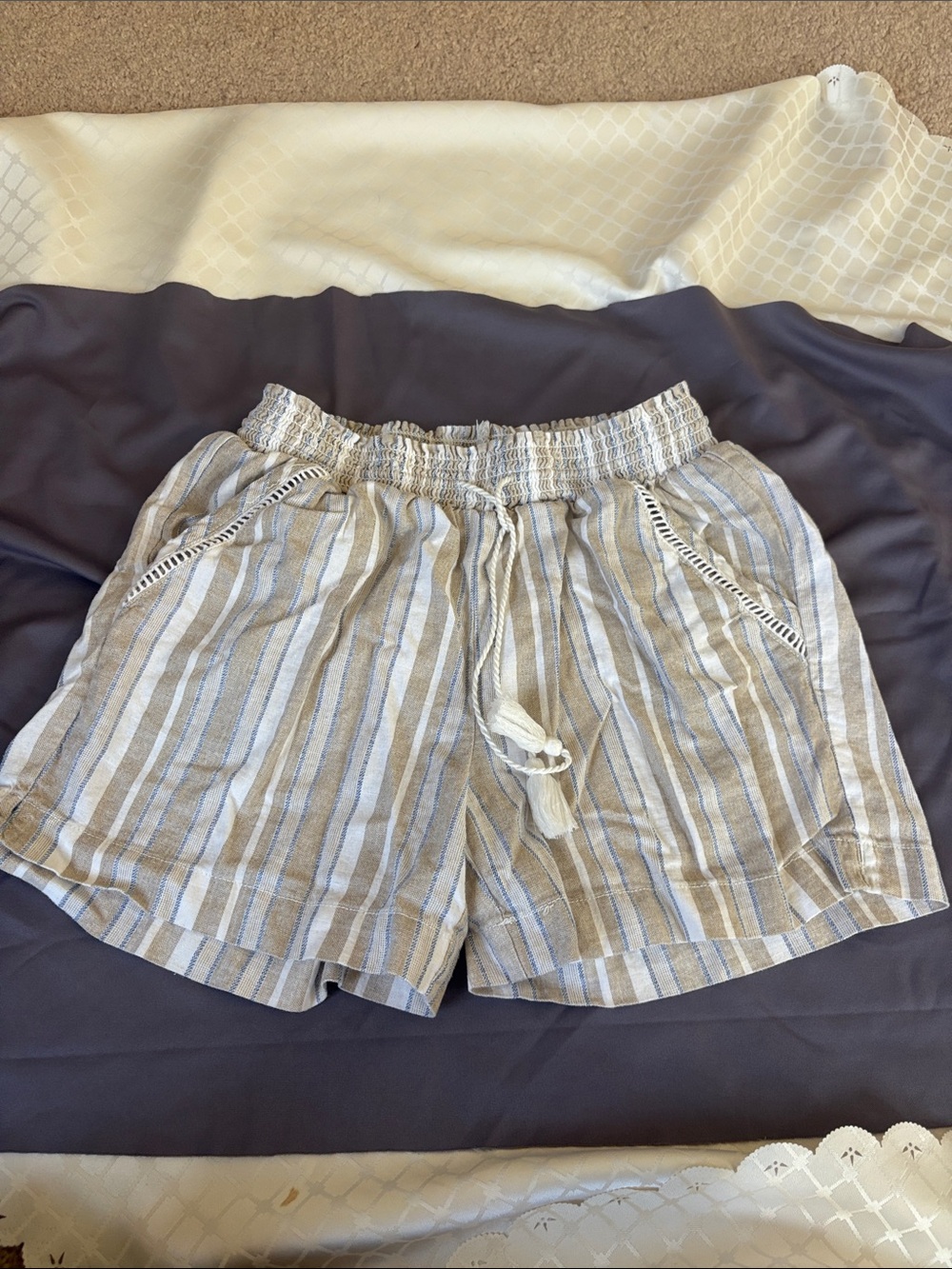 High-Waist Striped Summer Shorts in Beige and White